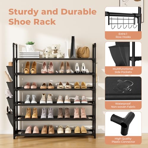 LANTEFUL 6 Tier Shoe Rack, Shoe Organizer Storage for 24-30 Pairs Shoe and Boot, Long Shoe Shelf with Hook and Side Pocket Free Standing Tall Shoe Rack Organizer for Closet, Entryway, Dorm - color: Black
