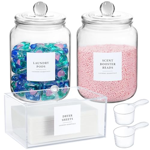 Glass Jars and Dryer Sheet Holder, Dispenser Set with Lids and Labels, Containers for Laundry Room Organization and Storage, Half Gallon Airtight Glass jars, Acrylic Storage Box for Laundry supplies, - color: Clear