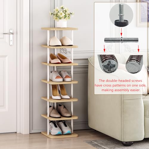 SORCEDAS 7 Tiers Vertical Shoe Rack Wooden Shoe Storage Organizer for Space Saving Narrow Shoe Shelf Storage 7 Pairs for Entryway Living Room Bedroom(White+Oak) - color: White, size: 7 Tier-Standard