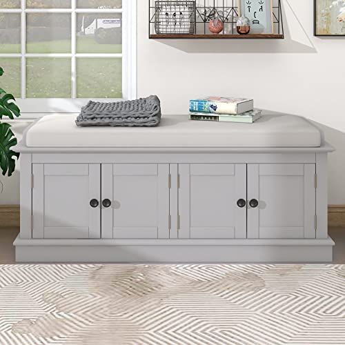 P PURLOVE Farmhouse Storage Bench for Entryway,Wood Storage Benches with Adjustable Shelves,Shoe Bench with Storage and Removable Cushion for Entryway,Gray Wash - color: Gray Wash, size: With 4 Door