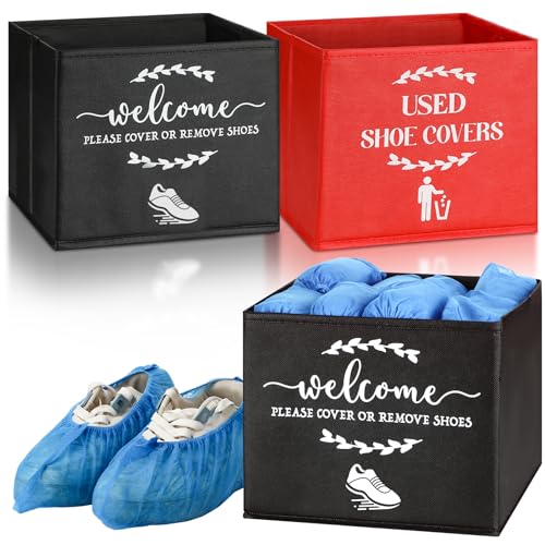 2 Pcs Shoe Cover Boxes Dispenser Foldable Storage Bins, Used Shoe Covers and Welcome Please or Remove Sign Entryway Basket Holder for Open House Supplies(Black, Red) - color: Black, Red