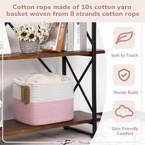 Goodpick Woven Storage Basket, 13" x 10" x 9" Storage Baskets for Organizing, Rope Gift Basket with Handles, Baby Baskets Kids Toy Organizer for Living Room, Pink - color: White Pink, size: 13"L x 10"W x 9"H