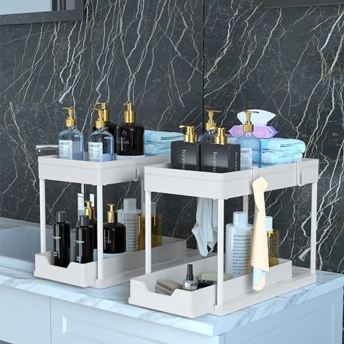DEKAVA Cabinet, 2 Pack Under Sink Organizer, 2 Tier Sliding Bathroom Kitchen Organizer, Large White ABS Baskets, Easy Install & Clean - color: White