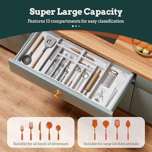 Silverware Organizer Large, Magnetic Connected Expandable 13 Slots Silverware Drawer Organizer from 21 to 37.4 Inches, Adjustable Flatware and Cutlery Holder, Bamboo Utensil Tray for Kitchen White - color: White, size: 13 Slots