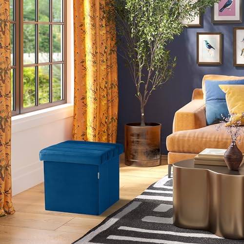 Seville Classics Cushioned Fabric Ottoman Hidden Storage Chest Footrest Chair, Padded Seat for Bedroom, Dorm, Loft, Living Room, Entryway, Hallway, Blue Velvet, 15.7" Cube - color: Blue Velvet, size: 15.7"D x 15.7"W x 15.7"H