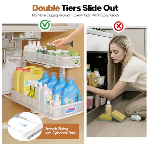 2 Pack 21.3IN-Depth Under Sink Organizer with Smooth Cylindrical Rail,2-Tier Pull Out Multi-Purpose Cabinet Storage for Bathroom&Kitchen,Height Adjustable,Rust-Resistant Coating-White - color: White, size: 2 Pack-21.3"Dx11"-16.14"H