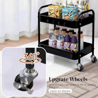 2 Tier Metal Rolling Utility Cart with Wheels Under Desk Storage Cart with Handle, Roll Around Organizer Trolley for Small Space Pantry Bathroom Home Kitchen Office Snack Baby Supplies, Black - color: Black