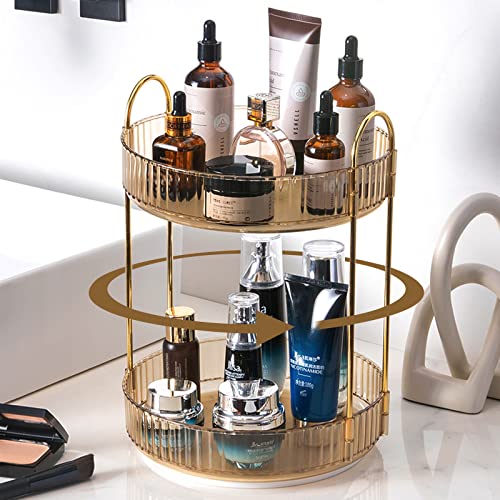 shuang qing Rotating Makeup Organizer for Vanity, High-Capacity Skincare Clear Make Up Storage Perfume Organizers Cosmetic Dresser Organizer Countertop 360 Spinning (Gold, 2 Tier) - color: Gold, size: Regular-2 Tier