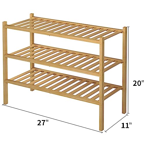 ROMGUAR CRAFT 3 Tier Bamboo Shoe Rack for Closet Free Standing Wood Shoe Shelf Storage Organizer for Entryway Small Space Stackable 27"x11"x20" (Natural) - color: Natural, size: 3 Tier