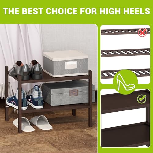 BMOSU 2-Tier Bamboo Small Shoe Rack Premium Stackable Shoe Shelf Storage Organizer for Hallway Closet Living Room Entryway Organizer(Brown) - color: Brown, size: Small-2-Tier（17*11*12.6inches）
