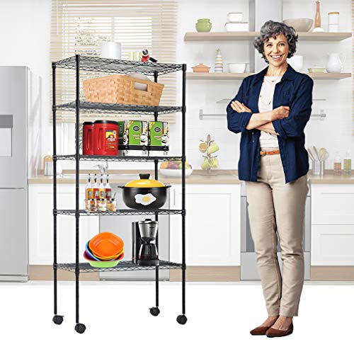 BestOffice | 5-Tier Wire Storage Shelves with Wheels | 14x30x60 | Black | Adjustable Racks | Heavy-Duty Metal Shelf, Holds Upto 220 lbs | No-Tool Assembly | Ideal for Home & Garage Shelving - color: Black, size: 14"D x 30"W x 60"H