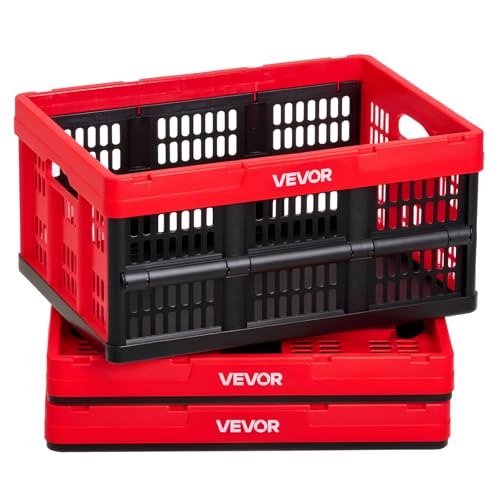 VEVOR Plastic Collapsible Storage Bins, 32L 3 Packs, Stackable Folding Storage Crates with Handles, Holds 26 lbs Per Bin, Foldable Heavy Duty Containers, Space-Saving Baskets, for Home Organizing - size: 32L-Red-3PC