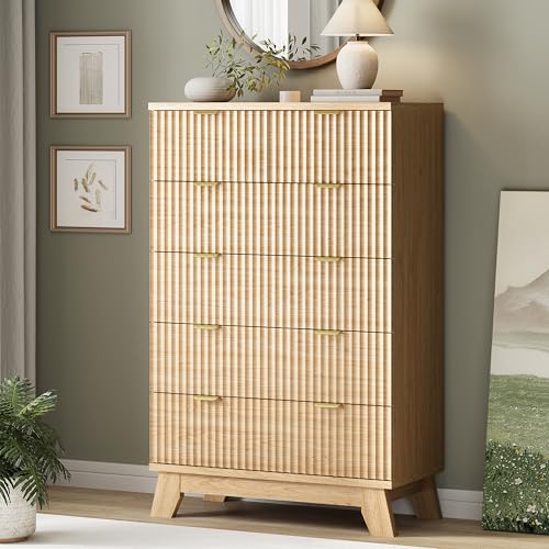 Fluted Dresser for Bedroom with 6 Drawers, 46" Tall Modern Chest of Drawers with Metal Handle, Wooden Dresser TV Stand, Wood Closet Clothes Storage Organizer for Living Room, Hallway, Natural Oak - color: Natural Oak, size: 15.6"D x 31.5"W x 46.1"H (6 Dra