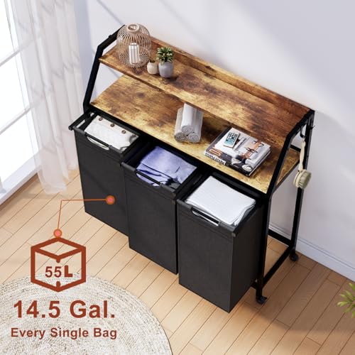 Timberer Laundry Hamper, Laundry Sorter 3 Section, Rolling Laundry Basket with Wheels, 2 Shelves, 3 × 14.5 Gal, Pull-Out and Removable Oxford Fabric Bags, for Laundry Room, Black and Rustic Brown - color: Black + Rustic Brown, size: 3 Bags (40.9"L x 12.9"