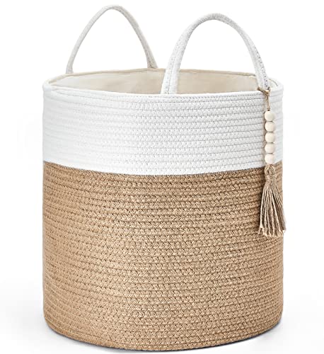 Mkono Woven Storage Basket Decorative Rope Basket Wooden Bead Decoration for Blankets,Toys,Clothes,Shoes,Plant Organizer Bin with Handles Living Room Home Decor, 15"Wx17.7"L,White and Yellow - color: Cream White and Brown, size: 15"W x 17.7"L