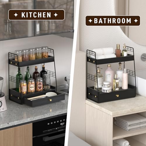 Coffee Bar Station Organizer with Built-In Drawer, 2-Tier Countertop Shelf for Tea Bags, Coffee Accessories, Syrup Bottles (Black) - color: Black