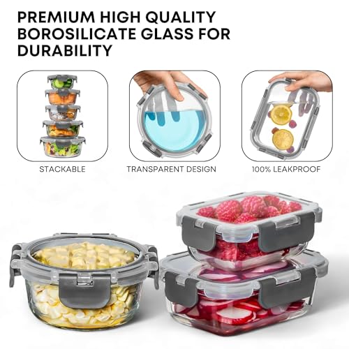Razab 30 PC Glass Food Storage Containers with Lids - Reusable Glass Meal Prep Containers for Lunch and Leftovers - Airtight & Leakproof Snap Locking Lids - Oven, Freezer, Microwave & Dishwasher Safe - color: Gray