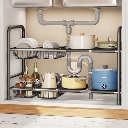 Under Sink Organizers, 2 Tier Stretchable Cabinet Shelf Organizer with 4 Removable Panels and 4 Under Shelf Basket for Under Bathroom Storage,Under Cabinet Shelves,kitchen Sink Storage Rack (black) - color: Black