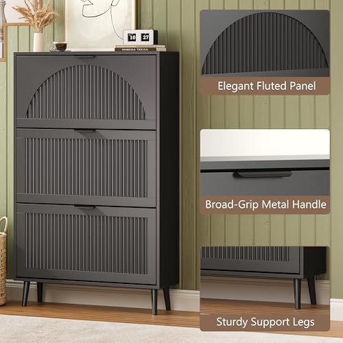 BORNOON Shoe Cabinet for Entryway with 3 Flip Drawers, Slim Wooden Shoe Storage Organizer with Modern Fluted Pannel，Freestanding Narrow Hidden Shoe Rack for Hallway, Foyer, Living Room - color: Black, size: 3 Flip Drawers