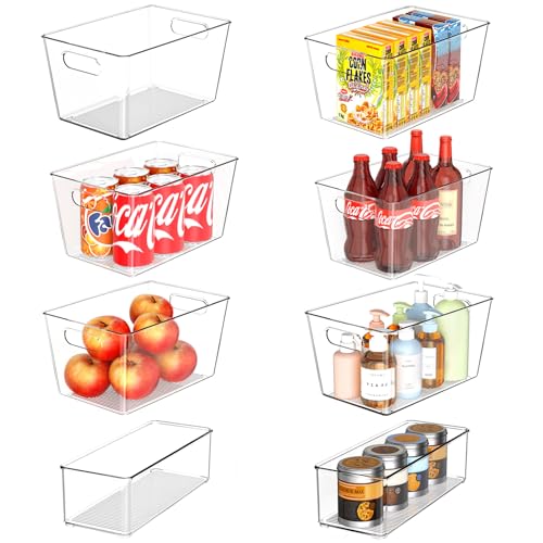 Set of 8 Clear Plastic Storage Bins, 6 Large +2 Small Pantry Organizers and Storage Containers for Kitchen Organization, Home Storage Essentials for Office, Closet, Garage, Freezer& Bathroom - size: 6 Large & 2 Small