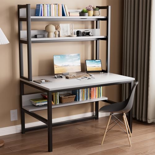 Aquzee Computer Desk, Easy Assembly Gaming Table with Hutch and Shelves, 4 Tiers Desk with Large Wood Desktop, Metal Legs, Ideal for Storage Study Work Writing Homework, White, 55Wx65Hx23.6D Inches - color: White, size: 55inch