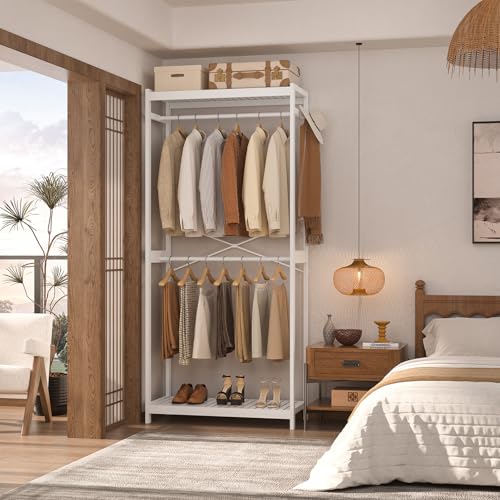 Homykic Bamboo Clothes Rack with Shelves and Double Hang Rods, Portable Closet System Garment Rack for Hanging Clothes, Tall Clothing Rack Corner Closet Organizer, Easy to Built, Freestanding, White - color: White, size: Standard