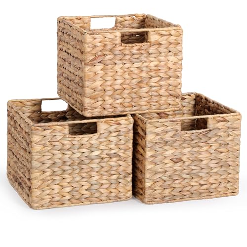12x12x10in Water Hyacinth Storage Basket Large, Folding Cube Woven Wicker Storage Basket for Shelves, Pantry Baskets Organization and Storage, Kitchen Storage Baskets, Large Rattan Basket Set of 3 - color: Water Hyacinth