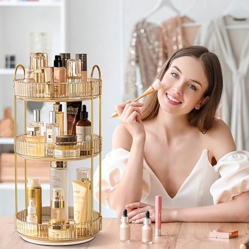 shuang qing Rotating Makeup Organizer for Vanity, High-Capacity Skincare Clear Make Up Storage Perfume Organizers Cosmetic Dresser Organizer Countertop 360 Spinning (Gold, 3 Tier) - color: Gold, size: Regular-3 Tier