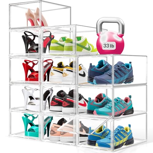 12 Pack Drop Front Shoe Boxes Acrylic Shoe Display Case Fit US Size 13, Clear Stackable Hat Sneaker Shoe Organizer for Closet, Entryway, Underbed, Multiple Display Cases for Hats, Figures, Sneakers - color: Clear, size: Large-X Size 13.5