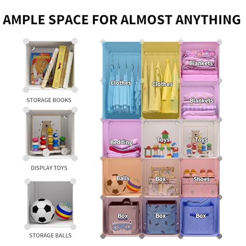 Modular Baby Wardrobe Closet, Portable Children Organizers and Storage for Nursery,15 Cubes with Hanging Rods,Multi-Functional Kids Storage Shelf-Bedroom Clothes Armoire (Boys & Girls)
