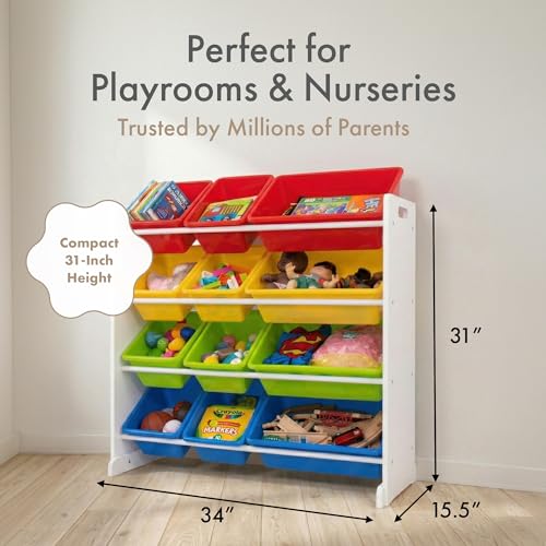 Humble Crew Toy Storage Organizer with 12 Removable Storage Bins for Kids Playroom, 4-Tier Toddler Toy Organization, White/Primary - color: White/Primary