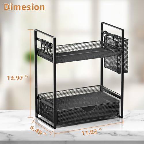 VITVITI 2 Tier Bathroom Organizer Countertop with Drawer, Metal Mesh Bathroom Counter Vanity Organizer Storage, Bath Room Sink Kitchen Spice Rack with Basket Hooks, Black - color: Black