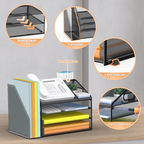 DocNest 4 Tier Paper Letter Tray File Organizer, Mesh Desk File with Handle, Workspace Desk Organizers with Pen Holder, Office Organization Storage Accessories - Black - color: Black, size: 15.4" x 9.1" x 10.3"