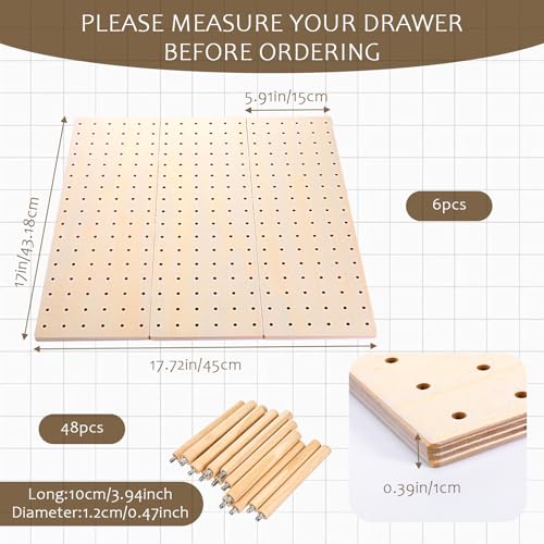 6 Pcs Wood Pegboard Drawer Organizer with 48 Pegs, Wooden Peg Board Drawer Shelf Organizer Adjustable Peg Drawers Organizers for Kitchen Dishes Plate Pegboard Food Containers(17x5.91, Wood)