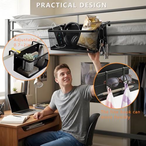 Bedside Caddy Shelf with Hook, Bed Shelf Organizer for Bunk Bed, Office Cubicle, Dorm Room, Holder for Phone, Snacks, Books (Black, 11*4.9*3.9 inch)