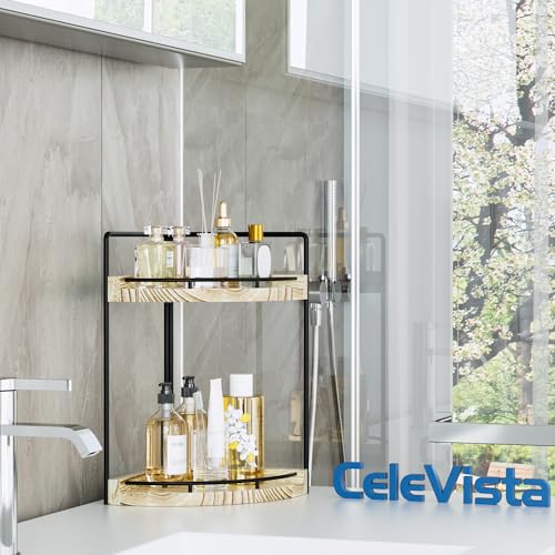 Corner Bathroom Counter Organizer, 2 Tier Wood Vanity Storage, Waterproof Skincare Shelf for Kitchen & Toiletries Decor, Dresser (Rustic-2 Tier) - color: Rustic-2 Tier