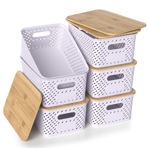 Plastic Storage Bins with Bamboo Lids, Stackable Small Box Baskets for Organizing and Containers for Shelves Drawers Desktop Closet Pantry Classroom Office Home, 6 Pack 10.2"x7.2"x4.1" Lavender - color: Lavender