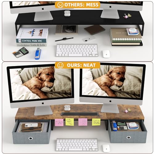 39 Inch Dual Monitor Stand Riser with 2 Drawers - Large Brown Wooden Computer Stand for 2 Monitors, Ergonomic Desk Organizer with Phone Holder, Desktop Storage for Laptop, Office Supplies, Home Office - color: Brown