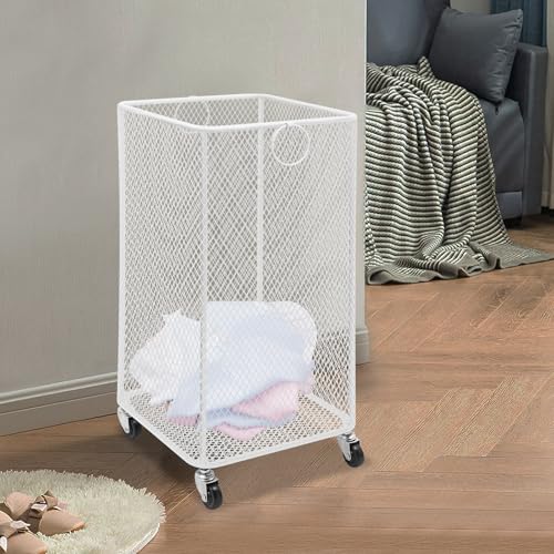 Metal Laundry Storage Cart - Square, Mesh Wire Rolling Laundry Hamper with Wheels & Ring Handles, Clothes or Linen Storage Organizer Hamper Bin Laundry Basket, 12"L x 12"W x 22"H, White - color: White, size: Square - 12"W