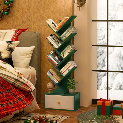 SHEEPAM 8 Tier Tree Bookshelf with Drawer, Free Standing Wood Green Bookcase for Narrow Space, Storage Organizer Bookshelves for Books, Book Case for Home Office, Living Room, Bedroom - color: Christmas Green, size: 8 Tier