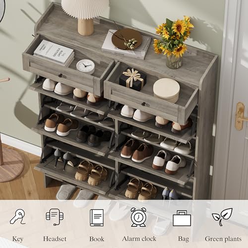 Thacuok Shoe Cabinet with 6 Flip Drawers & 2 Storage Drawers, Rustic Farmhouse Narrow Shoe Organizer Cabinet, Slim Shoe Rack Cabinet, Shoe Storage Cabinet for Entryway, Hallway, Front Door - color: Grey, size: 6 Drawers