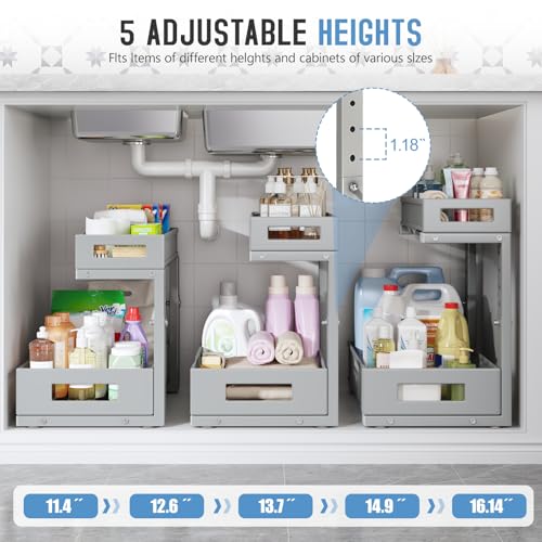 2-Pack Under Sink Storage Organizer, Large 2-Tier Elegant Mesh Pull Out Shelf for Kitchen and Bathroom Cabinet Organization, L-Shaped and Adjustable Height Design-Gun Gray - color: Gun Gray, size: 2 Pack-15.74"Dx11.4"-16.14"H