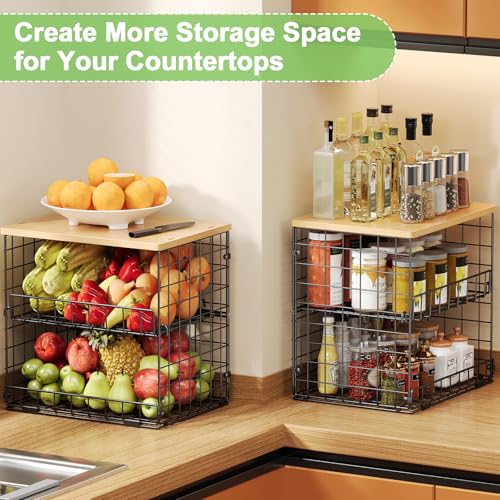 4 Pack Stackable Wire Baskets for Pantry Organizers and Storage, Pantry Baskets with Fixed Wooden Top, Fruit and Vegetable Storage Bins for Organizing Onion Potato Snack for Kitchen Cabinet/Countertop - color: Natural, size: 4-Tier