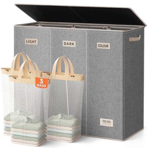 SOLEDI 200L 3-Section Laundry Hamper with Lid, Extra Large Dirty Clothes Basket with Sturdy Handles for Laundry Room & Bedroom - Durable Organizer for Sorting Laundry - color: Grey, size: 200L