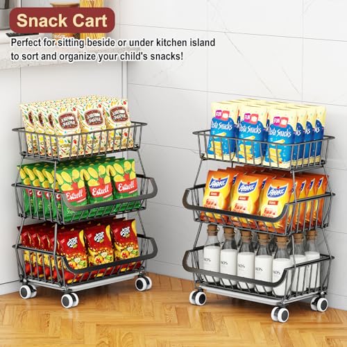 Miyawell 3-Tier Rolling Pantry Cart with Wheels, Stackable Wire Storage Floor Organizer for Kitchen Pantry Snack Shelves, Fruit Basket Stand, Vegetable Storage Rack for Food Snacks Onion Potato - color: 3 Tier-black (1 Pack)