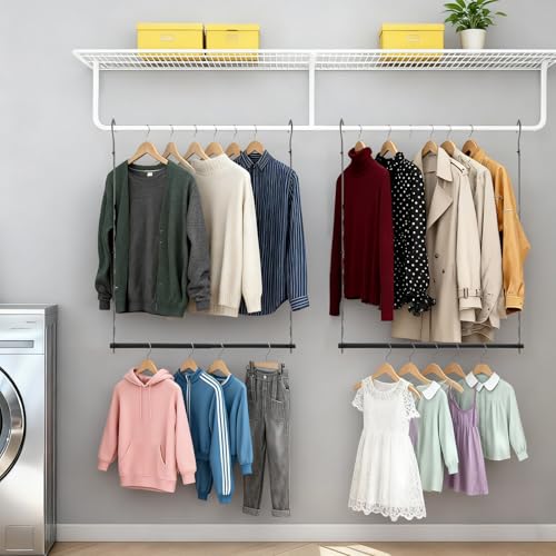 Closet Lower Hanging Bar, Adjustable Width and Height Closet Hanging Organizer Heavy Duty Closet Extender Hanging Rod Space-Saving Clothes Hanging Bar,2 Pack Black