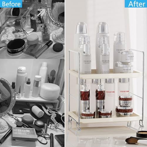 FSyueyun 2-Tier Bathroom Countertop Organizer, Tool-Less Installation Premium Plastics Makeup Shelf Organizer Perfume Skincare for Dresser Vanity Tray Organizers and Storage (Sliver) - color: Silver