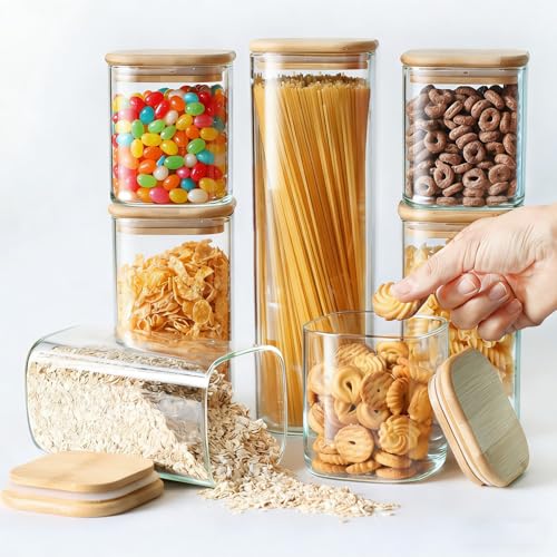7 Pack Square Glass Storage Containers with Lids, Multi-Size Canisters Sets for the Kitchen & Pantry food storage jar – Ideal for Storing Pasta, Cereal, Flour, Sugar, Nuts, Coffee Beans & More