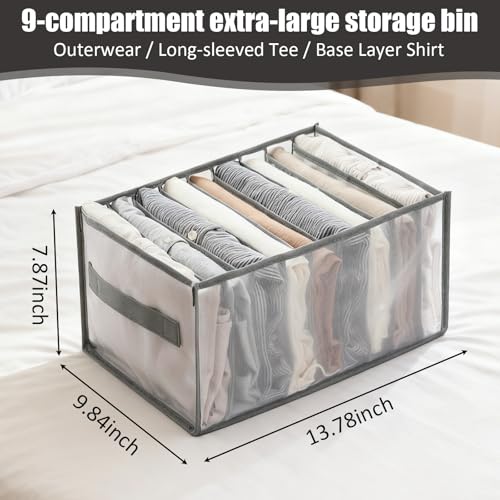 1 Pack Wardrobe Clothes Organizer, Clear Drawer Organizer with 9 Grids Divider for Clothing Jeans, Closet Bedroom Dorm Room, Grey - color: 9 Grids Grey