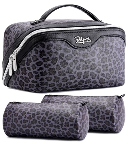 Travel Makeup Bags Organizer for Women: 3 Pcs Set Cosmetic Bag - Large Make up Bag with Compartments - Flat Open Waterproof Leather Toiletry Bags for Skincare, Brushes & Travel Essentials - Purple - color: 04-Purple